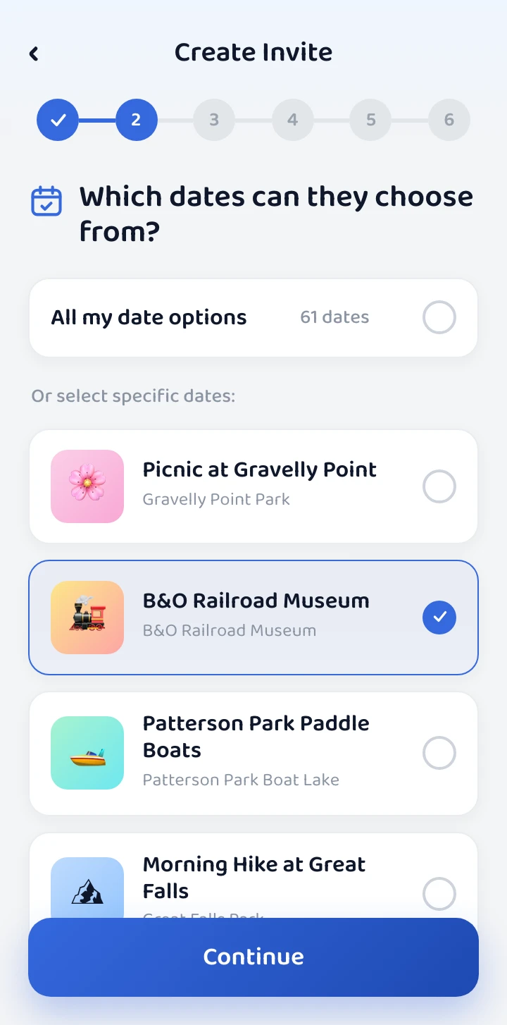 Create Invite screen — choosing which dates they can pick from