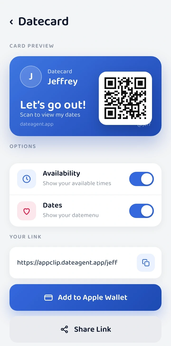 Datecard screen — a shareable card with QR code and Apple Wallet support