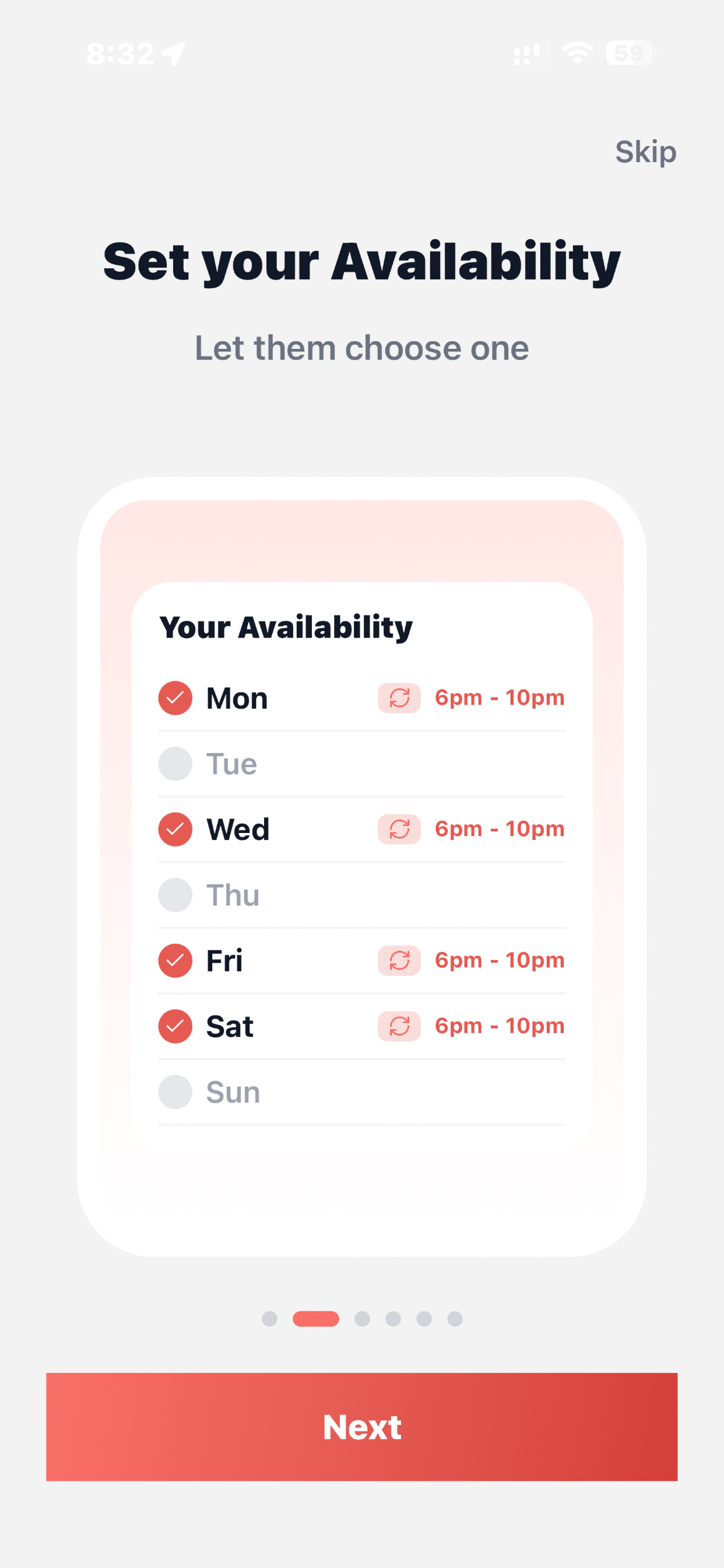 Set your availability — pick days and time windows